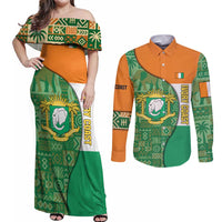 Ivory Coast Couples Matching Off Shoulder Maxi Dress and Long Sleeve Button Shirt with Elephant Crest and Tribal Pattern Design - Wonder Print Shop