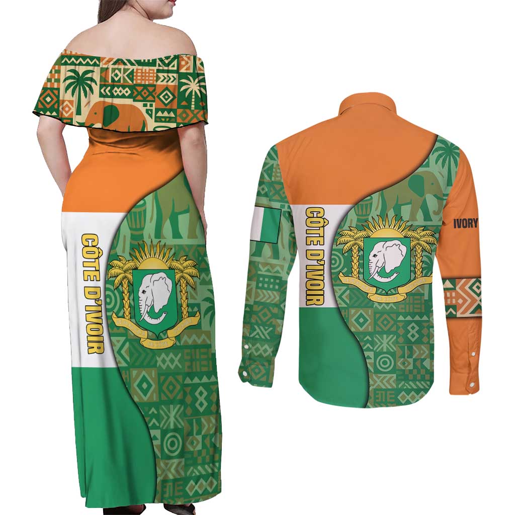 Ivory Coast Couples Matching Off Shoulder Maxi Dress and Long Sleeve Button Shirt with Elephant Crest and Tribal Pattern Design - Wonder Print Shop