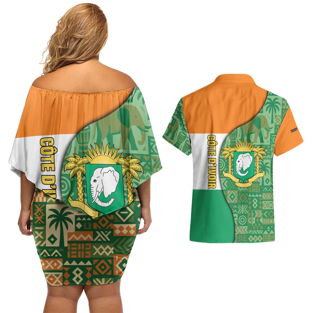 Ivory Coast Couples Matching Off Shoulder Short Dress and Hawaiian Shirt with Elephant Crest and Tribal Pattern Design - Wonder Print Shop