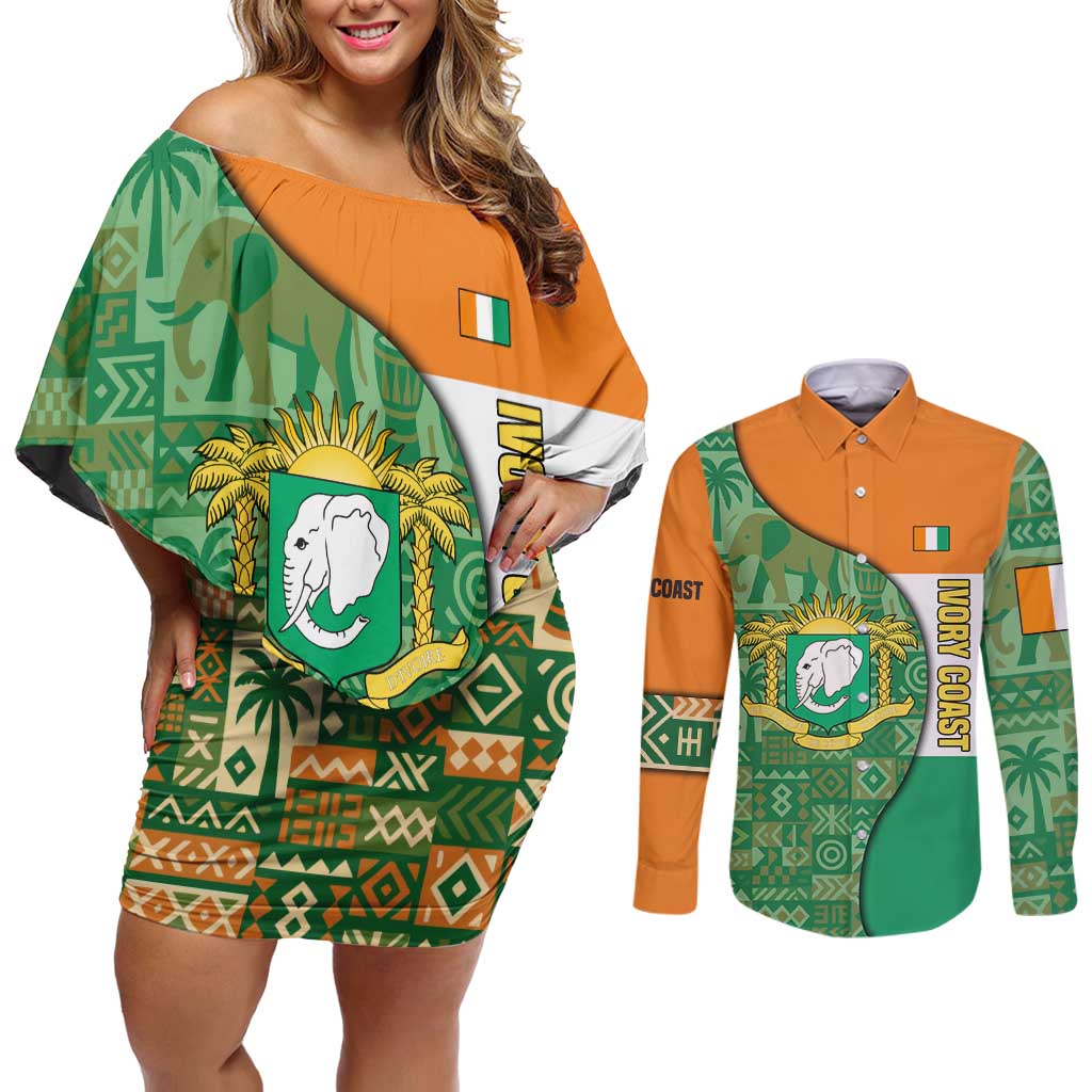 Ivory Coast Couples Matching Off Shoulder Short Dress and Long Sleeve Button Shirt with Elephant Crest and Tribal Pattern Design - Wonder Print Shop