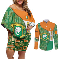 Ivory Coast Couples Matching Off Shoulder Short Dress and Long Sleeve Button Shirt with Elephant Crest and Tribal Pattern Design - Wonder Print Shop