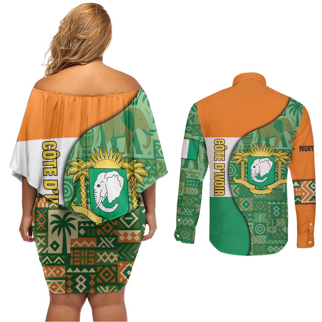 Ivory Coast Couples Matching Off Shoulder Short Dress and Long Sleeve Button Shirt with Elephant Crest and Tribal Pattern Design - Wonder Print Shop