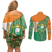 Ivory Coast Couples Matching Off Shoulder Short Dress and Long Sleeve Button Shirt with Elephant Crest and Tribal Pattern Design - Wonder Print Shop