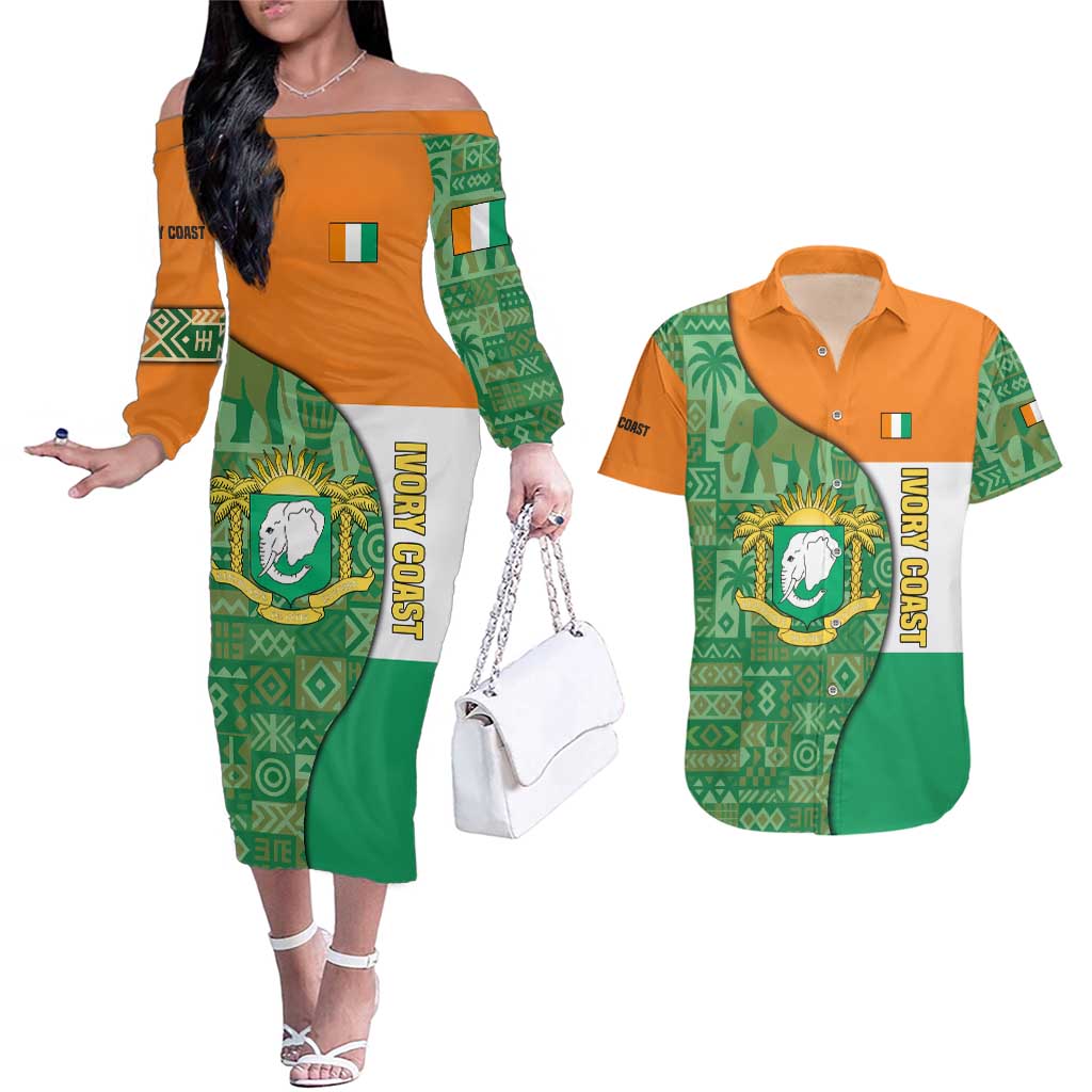 Ivory Coast Couples Matching Off The Shoulder Long Sleeve Dress and Hawaiian Shirt with Elephant Crest and Tribal Pattern Design - Wonder Print Shop