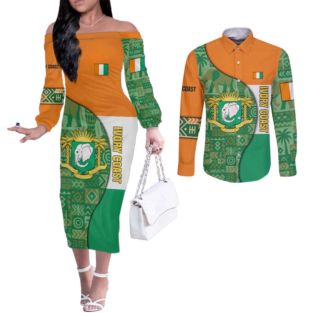 Ivory Coast Couples Matching Off The Shoulder Long Sleeve Dress and Long Sleeve Button Shirt with Elephant Crest and Tribal Pattern Design - Wonder Print Shop