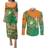 Ivory Coast Couples Matching Puletasi and Long Sleeve Button Shirt with Elephant Crest and Tribal Pattern Design - Wonder Print Shop
