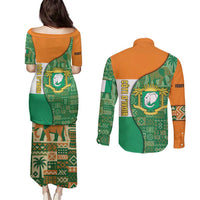 Ivory Coast Couples Matching Puletasi and Long Sleeve Button Shirt with Elephant Crest and Tribal Pattern Design - Wonder Print Shop