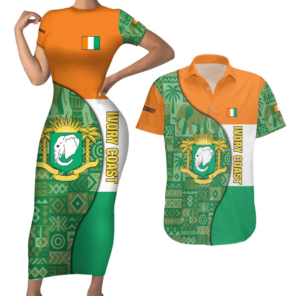 Ivory Coast Couples Matching Short Sleeve Bodycon Dress and Hawaiian Shirt with Elephant Crest and Tribal Pattern Design - Wonder Print Shop
