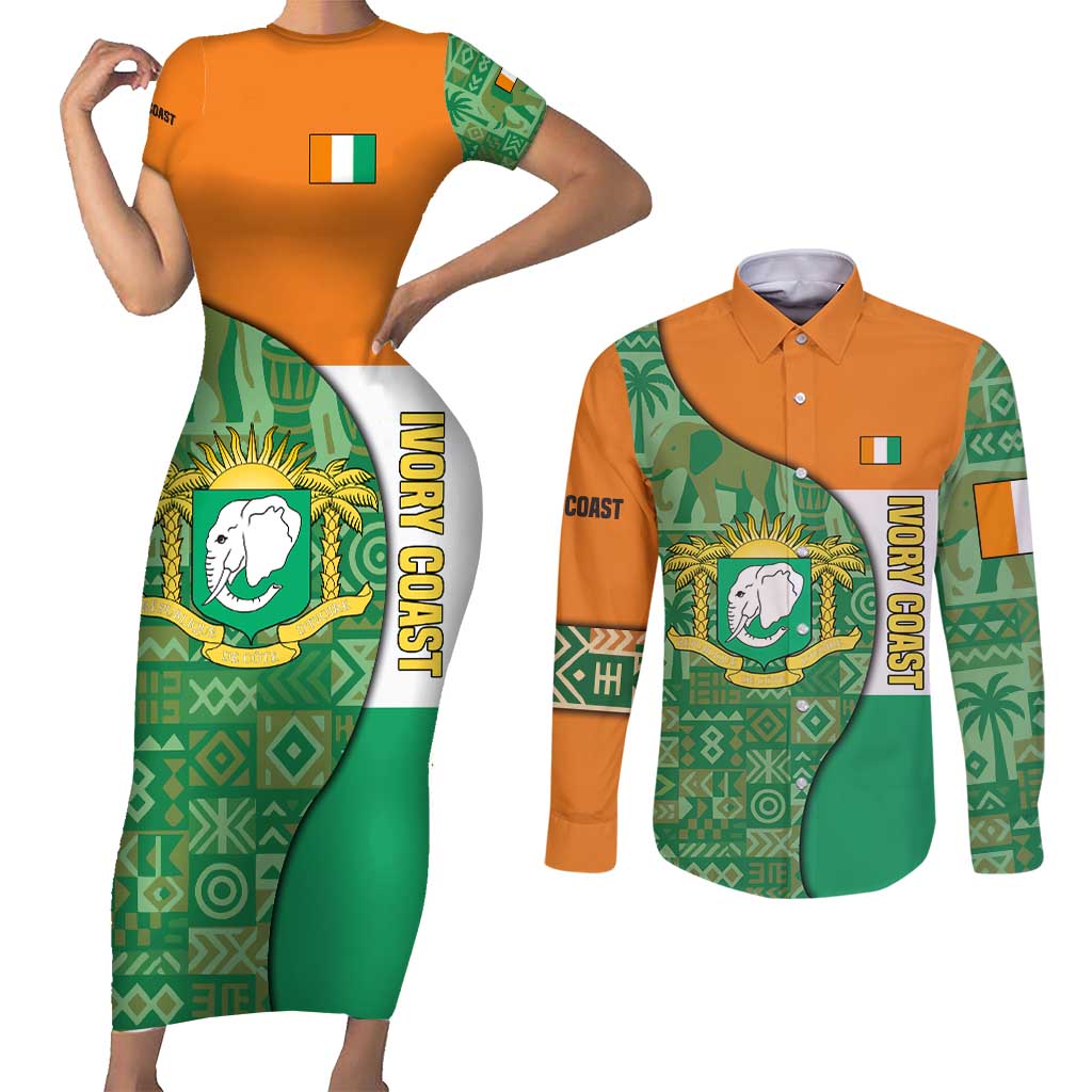 Ivory Coast Couples Matching Short Sleeve Bodycon Dress and Long Sleeve Button Shirt with Elephant Crest and Tribal Pattern Design - Wonder Print Shop