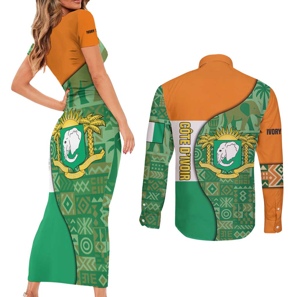Ivory Coast Couples Matching Short Sleeve Bodycon Dress and Long Sleeve Button Shirt with Elephant Crest and Tribal Pattern Design - Wonder Print Shop