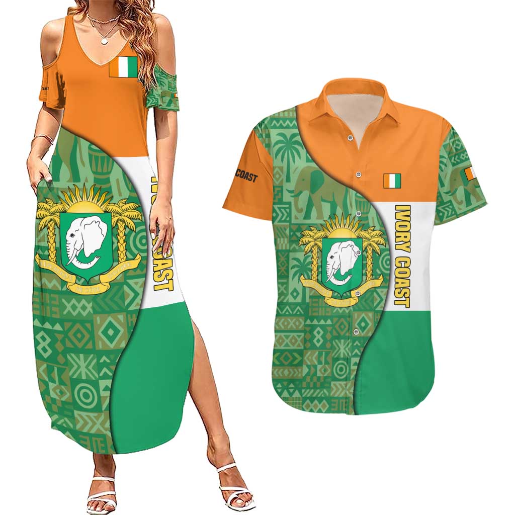 Ivory Coast Couples Matching Summer Maxi Dress and Hawaiian Shirt with Elephant Crest and Tribal Pattern Design - Wonder Print Shop
