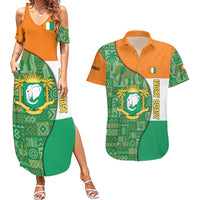 Ivory Coast Couples Matching Summer Maxi Dress and Hawaiian Shirt with Elephant Crest and Tribal Pattern Design - Wonder Print Shop