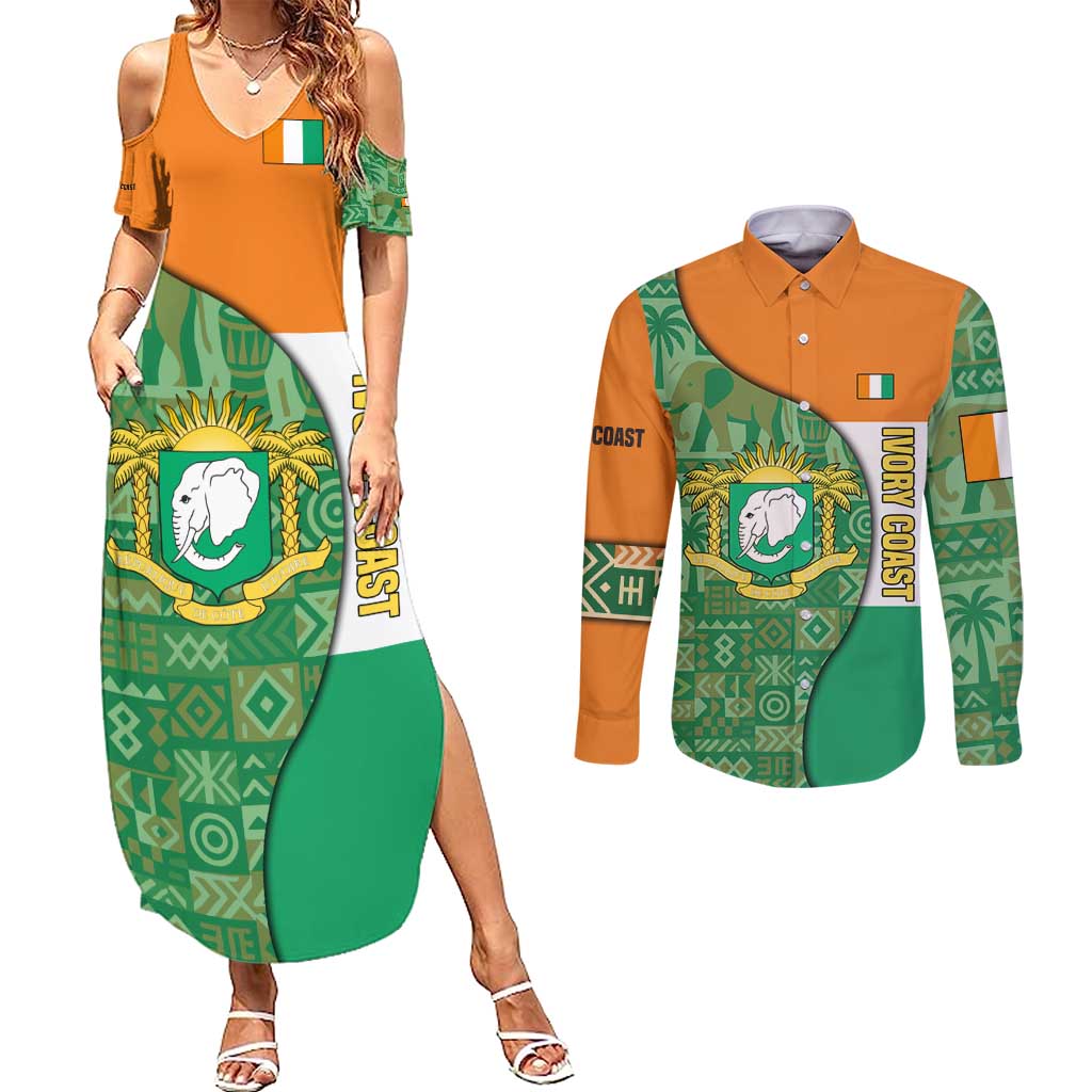 Ivory Coast Couples Matching Summer Maxi Dress and Long Sleeve Button Shirt with Elephant Crest and Tribal Pattern Design - Wonder Print Shop