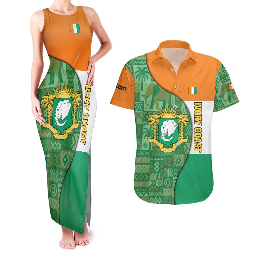 Ivory Coast Couples Matching Tank Maxi Dress and Hawaiian Shirt with Elephant Crest and Tribal Pattern Design - Wonder Print Shop