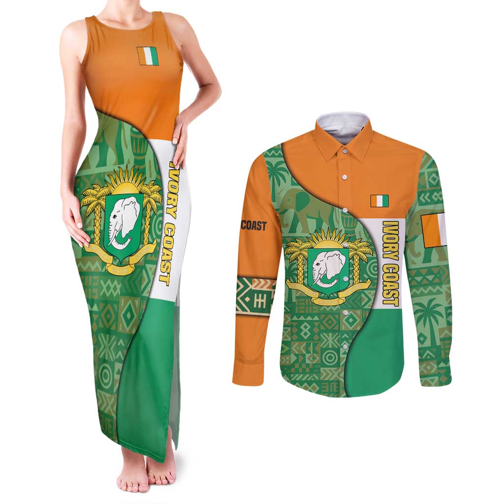 Ivory Coast Couples Matching Tank Maxi Dress and Long Sleeve Button Shirt with Elephant Crest and Tribal Pattern Design - Wonder Print Shop
