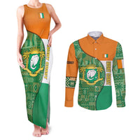 Ivory Coast Couples Matching Tank Maxi Dress and Long Sleeve Button Shirt with Elephant Crest and Tribal Pattern Design - Wonder Print Shop