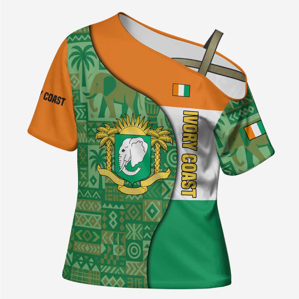 Ivory Coast Cross Shoulder Shirt with Elephant Crest and Tribal Pattern Design - Wonder Print Shop