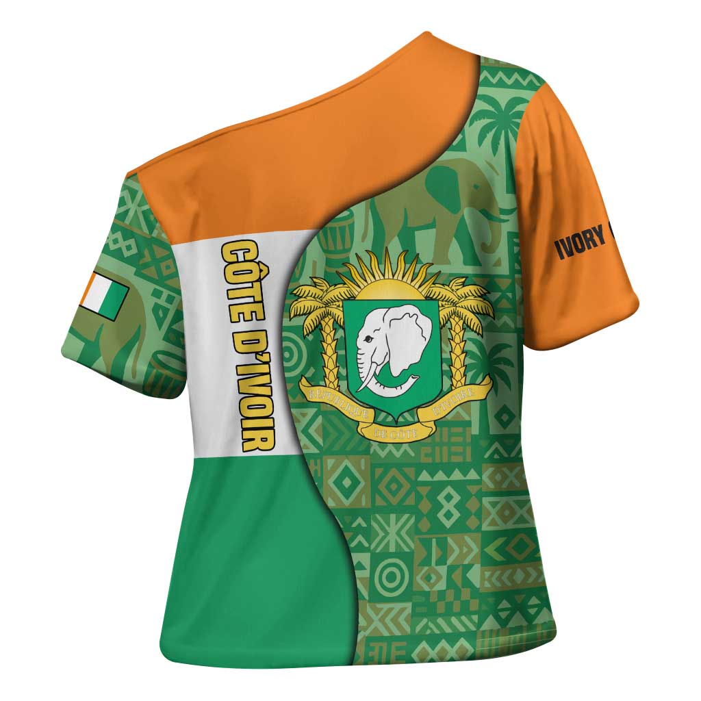 Ivory Coast Cross Shoulder Shirt with Elephant Crest and Tribal Pattern Design - Wonder Print Shop