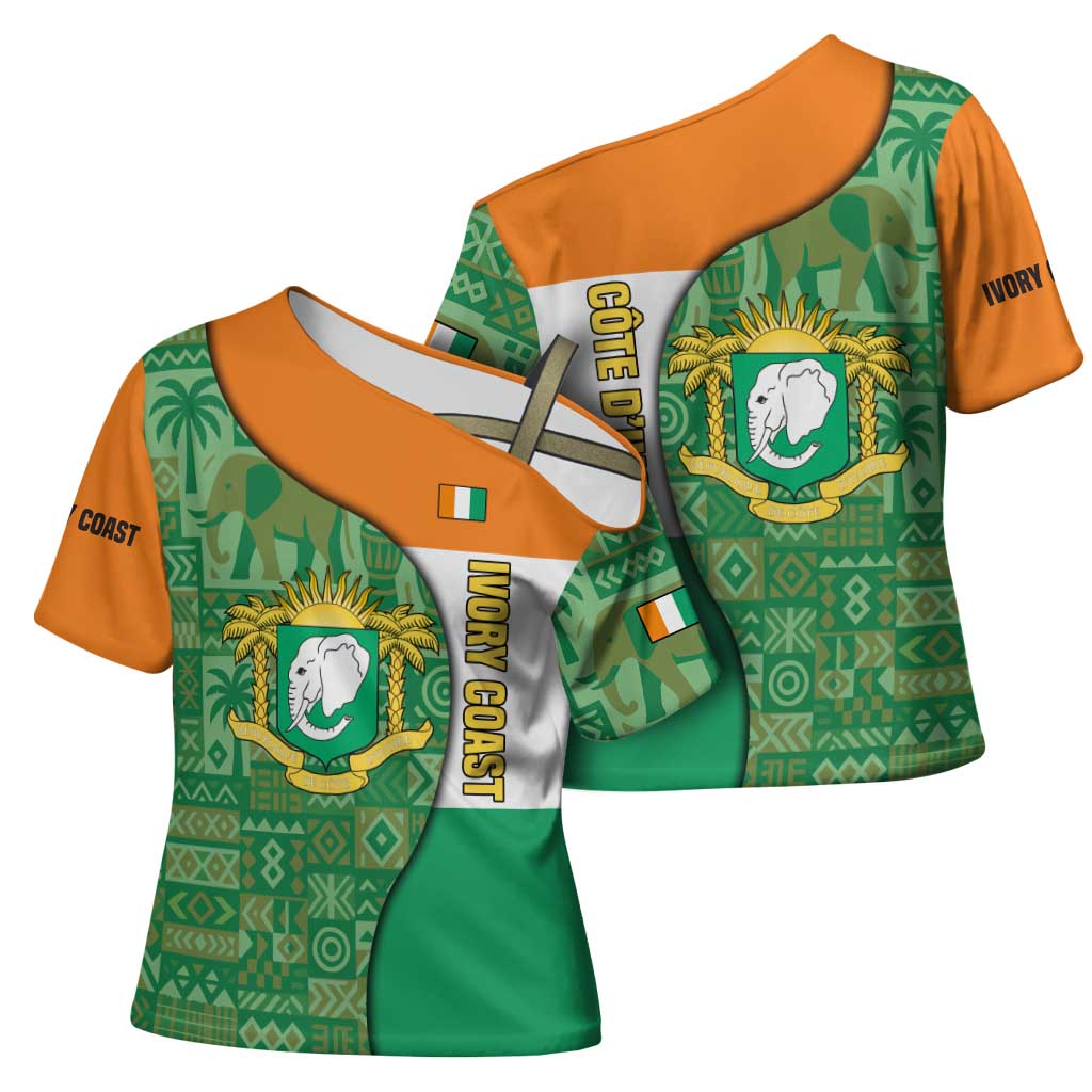 Ivory Coast Cross Shoulder Shirt with Elephant Crest and Tribal Pattern Design - Wonder Print Shop