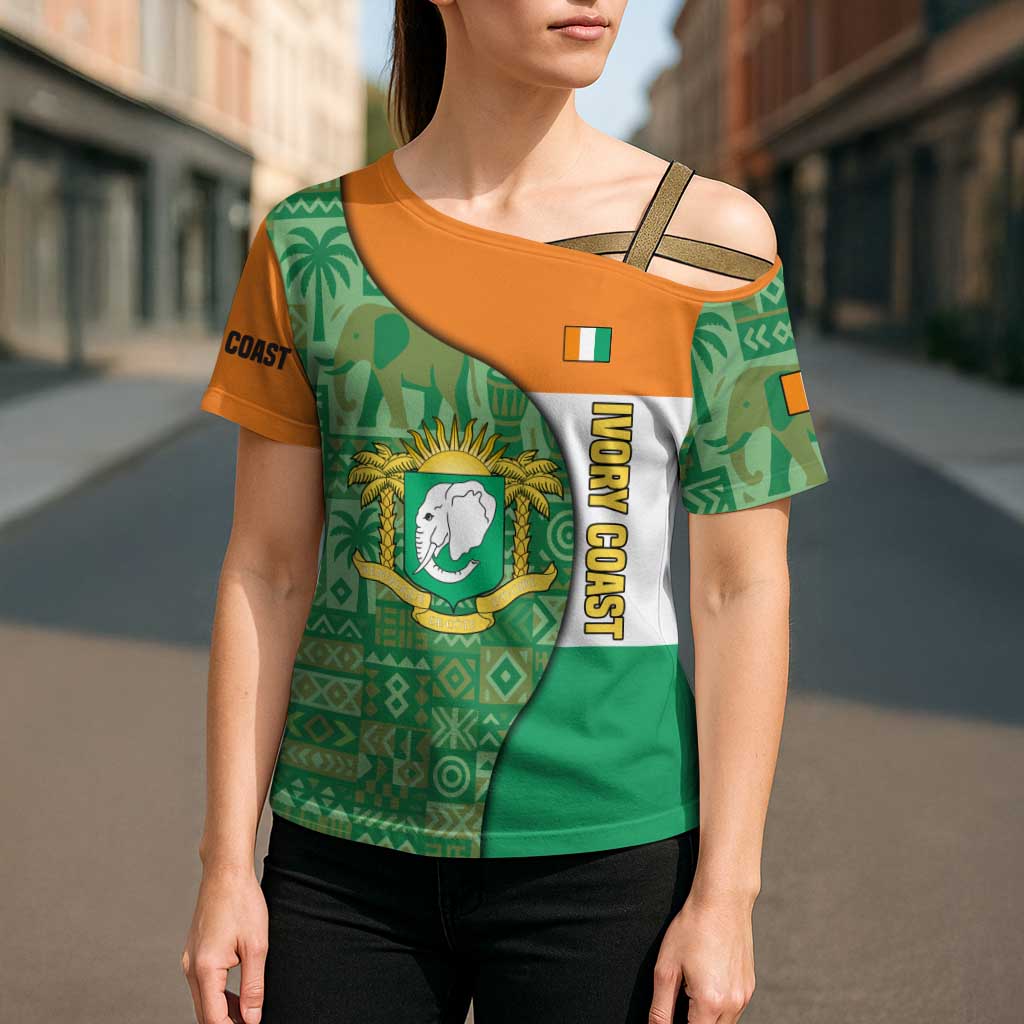 Ivory Coast Cross Shoulder Shirt with Elephant Crest and Tribal Pattern Design - Wonder Print Shop