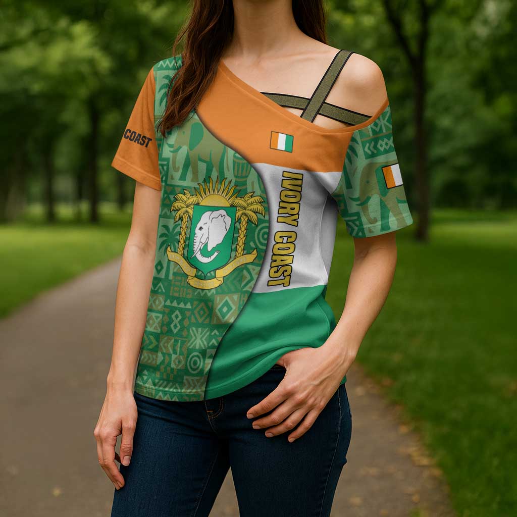 Ivory Coast Cross Shoulder Shirt with Elephant Crest and Tribal Pattern Design - Wonder Print Shop