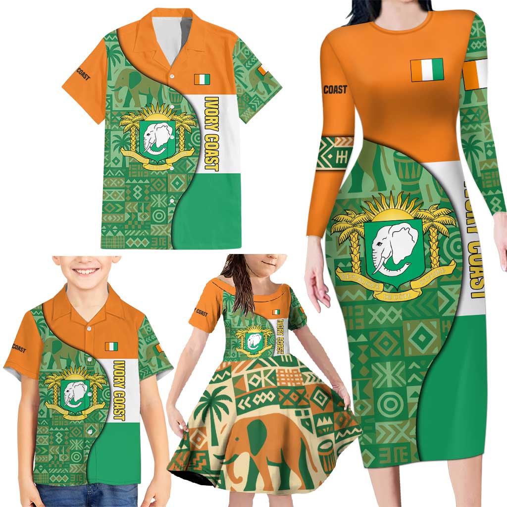 Ivory Coast Family Matching Long Sleeve Bodycon Dress and Hawaiian Shirt with Elephant Crest and Tribal Pattern Design - Wonder Print Shop