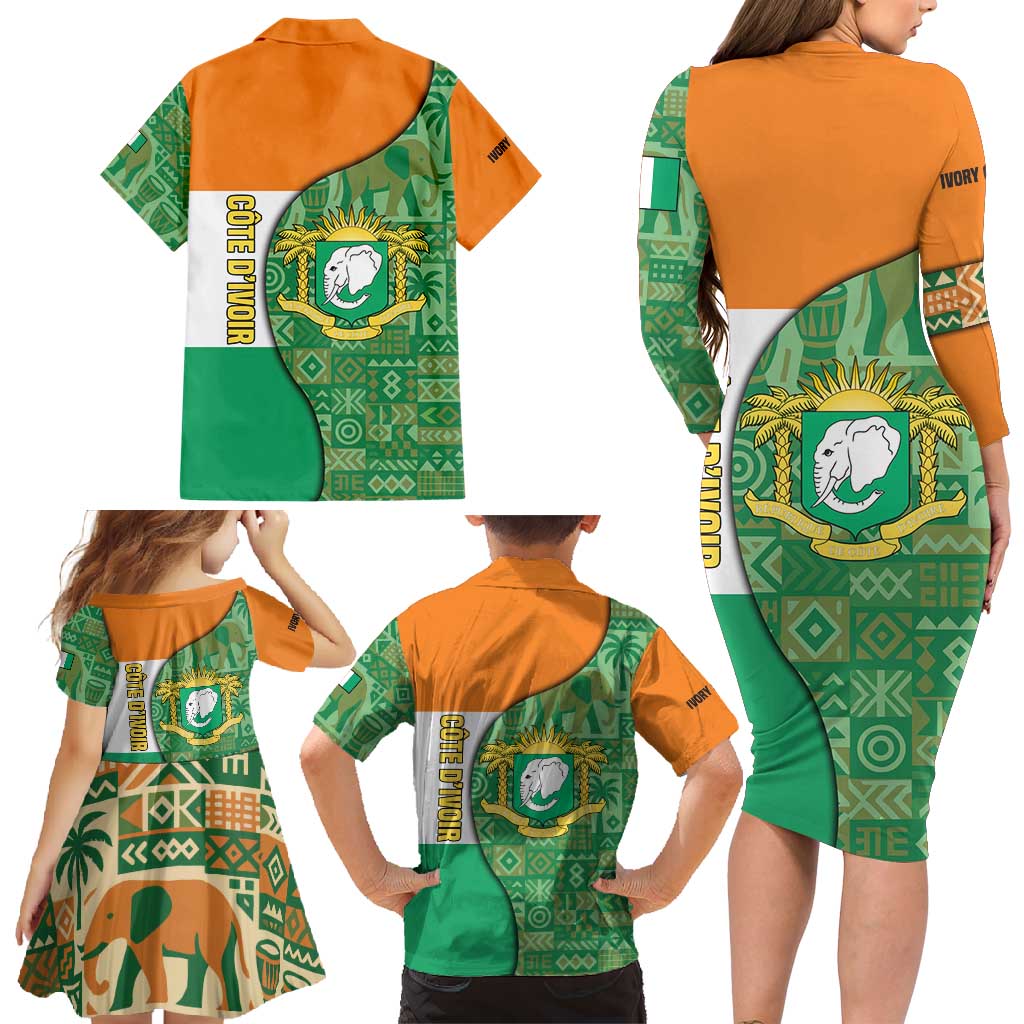Ivory Coast Family Matching Long Sleeve Bodycon Dress and Hawaiian Shirt with Elephant Crest and Tribal Pattern Design - Wonder Print Shop