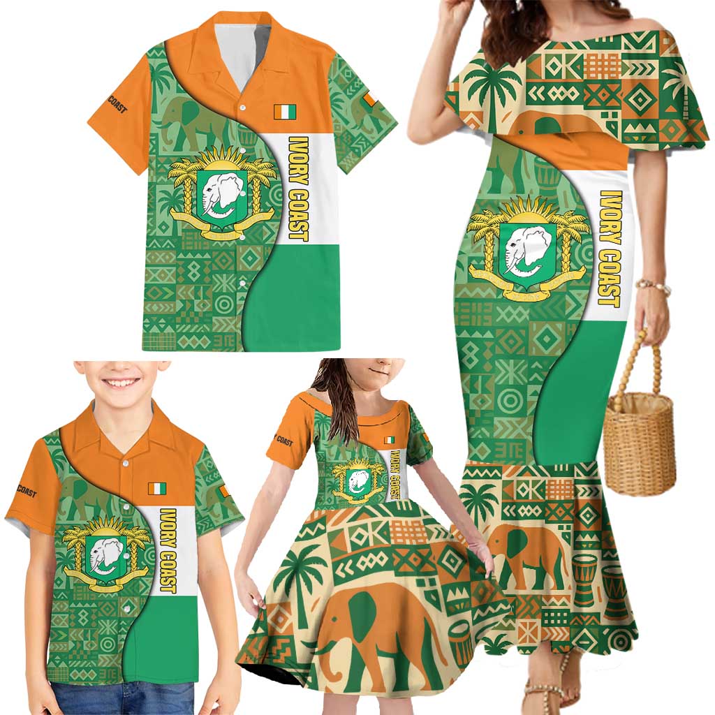 Ivory Coast Family Matching Mermaid Dress and Hawaiian Shirt with Elephant Crest and Tribal Pattern Design - Wonder Print Shop