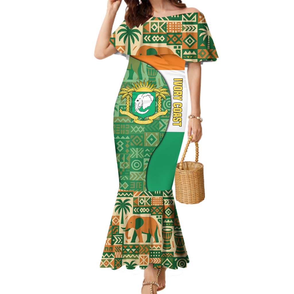 Ivory Coast Family Matching Mermaid Dress and Hawaiian Shirt with Elephant Crest and Tribal Pattern Design - Wonder Print Shop