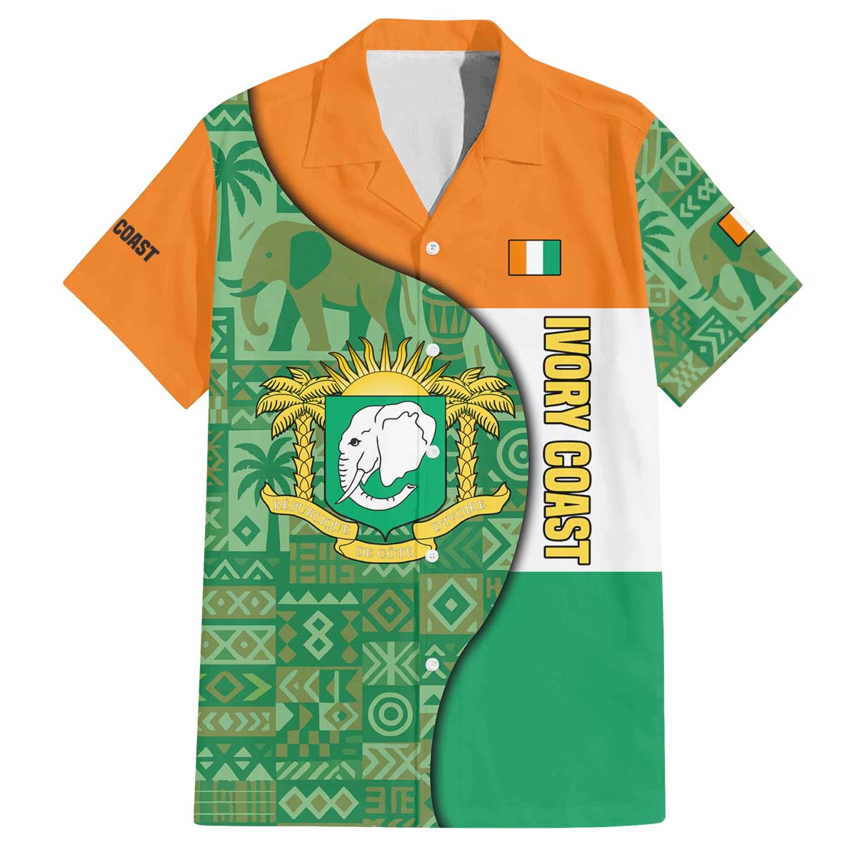 Ivory Coast Family Matching Off The Shoulder Long Sleeve Dress and Hawaiian Shirt with Elephant Crest and Tribal Pattern Design - Wonder Print Shop