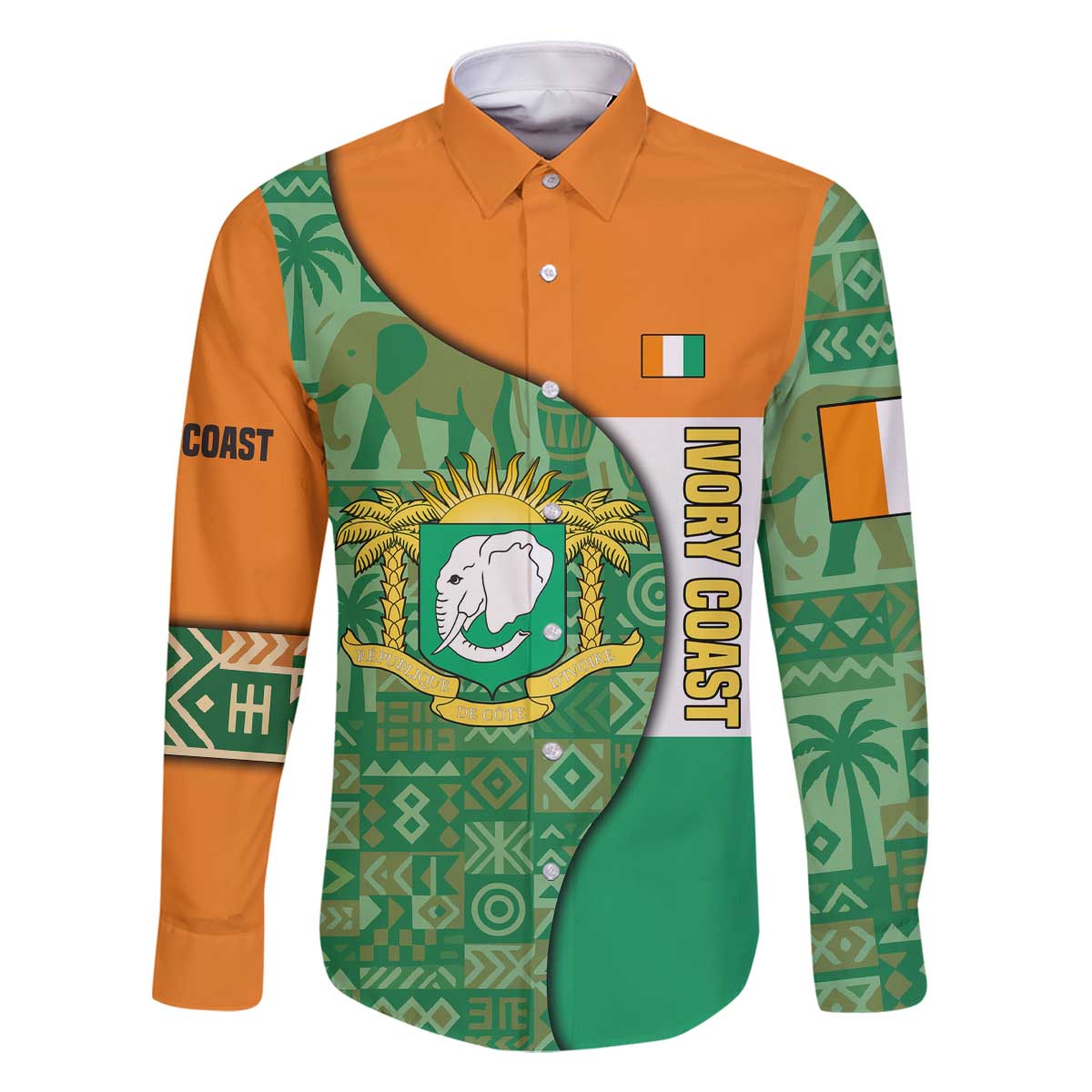 Ivory Coast Family Matching Off The Shoulder Long Sleeve Dress and Hawaiian Shirt with Elephant Crest and Tribal Pattern Design - Wonder Print Shop