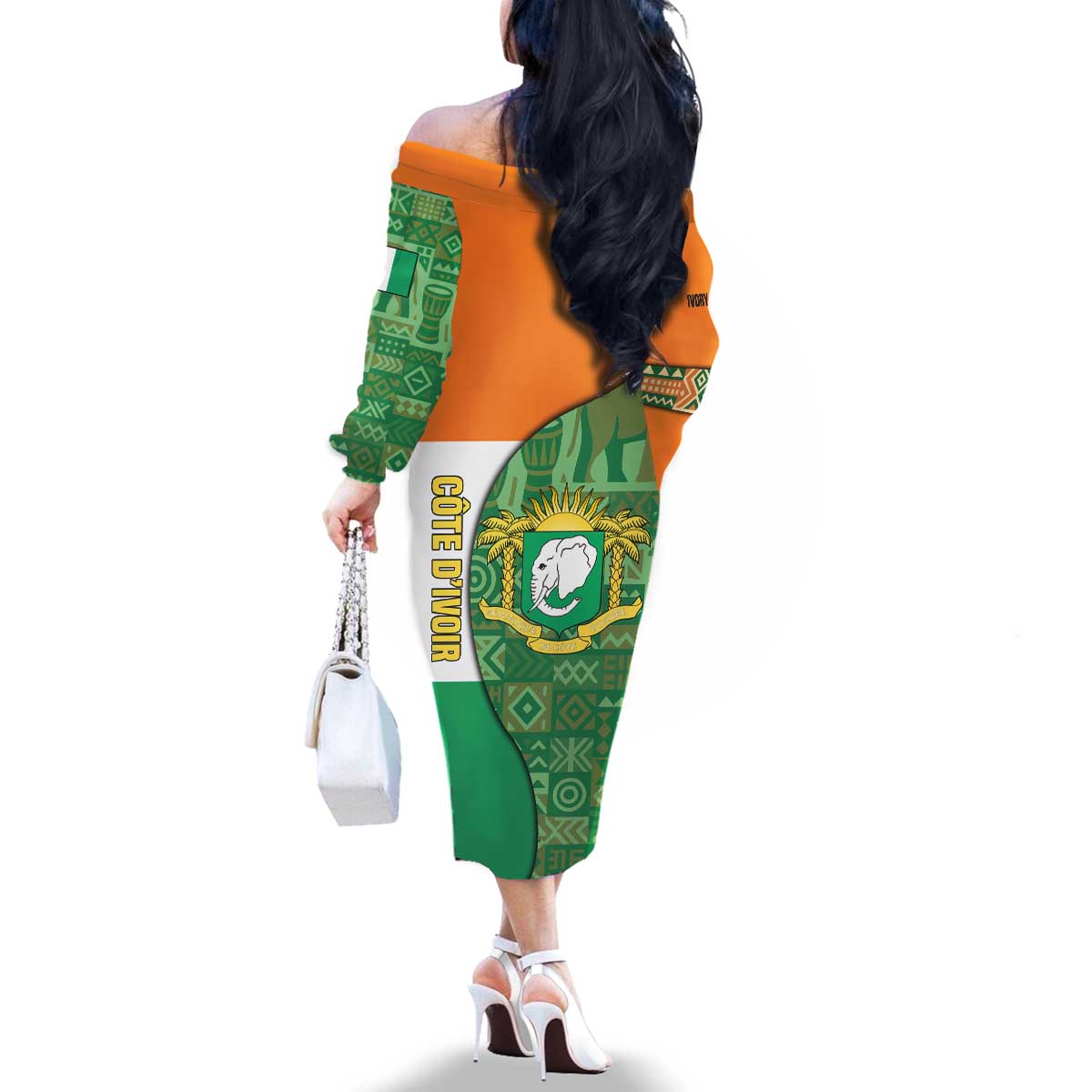 Ivory Coast Family Matching Off The Shoulder Long Sleeve Dress and Hawaiian Shirt with Elephant Crest and Tribal Pattern Design - Wonder Print Shop