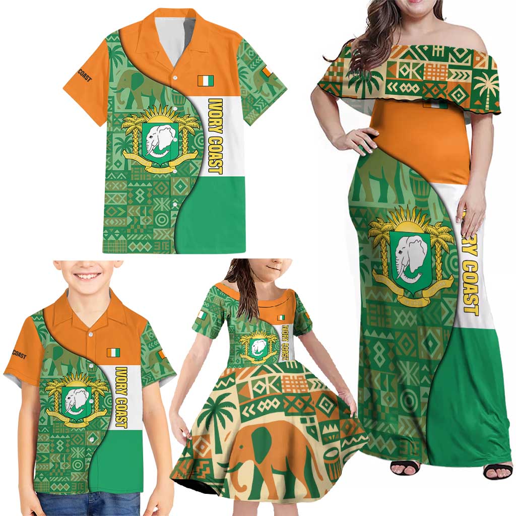 Ivory Coast Family Matching Off Shoulder Maxi Dress and Hawaiian Shirt with Elephant Crest and Tribal Pattern Design - Wonder Print Shop