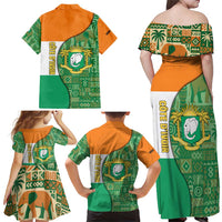 Ivory Coast Family Matching Off Shoulder Maxi Dress and Hawaiian Shirt with Elephant Crest and Tribal Pattern Design - Wonder Print Shop