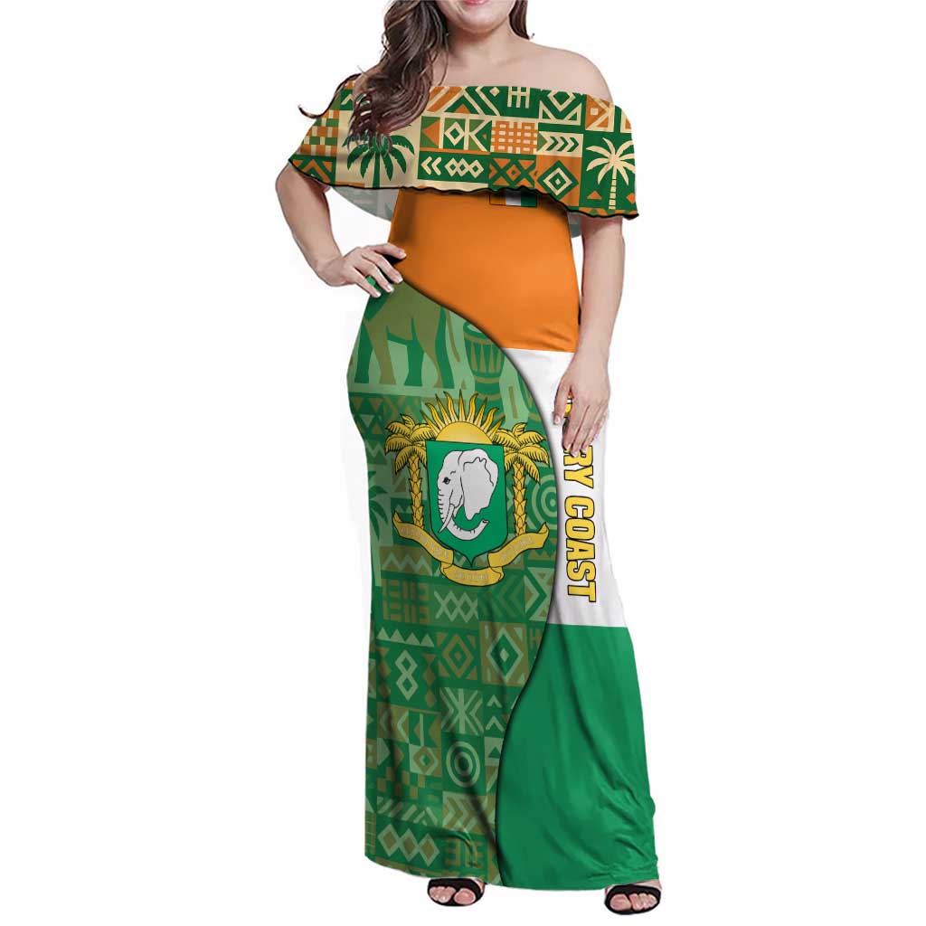Ivory Coast Family Matching Off Shoulder Maxi Dress and Hawaiian Shirt with Elephant Crest and Tribal Pattern Design - Wonder Print Shop