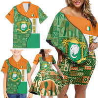 Ivory Coast Family Matching Off Shoulder Short Dress and Hawaiian Shirt with Elephant Crest and Tribal Pattern Design - Wonder Print Shop