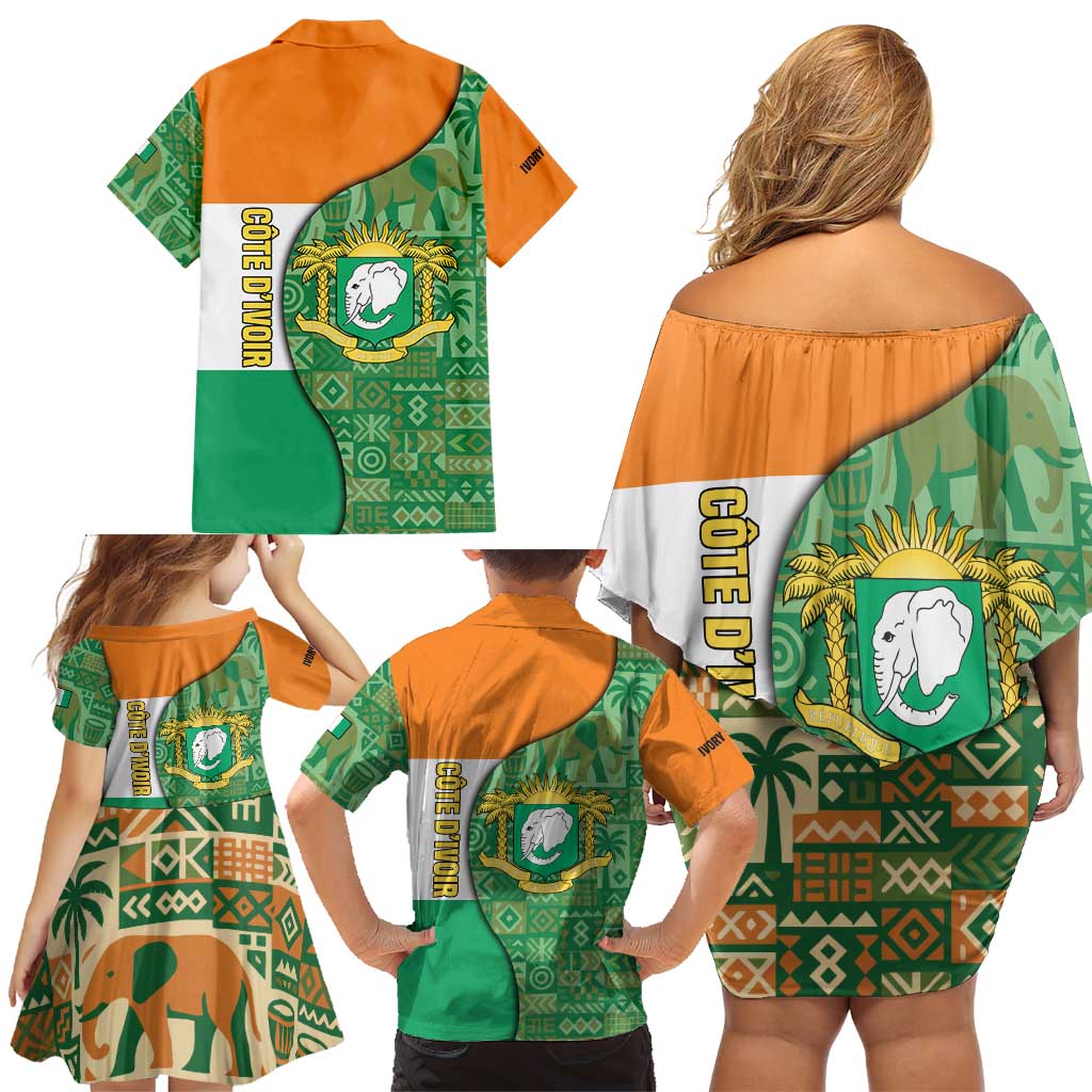 Ivory Coast Family Matching Off Shoulder Short Dress and Hawaiian Shirt with Elephant Crest and Tribal Pattern Design - Wonder Print Shop