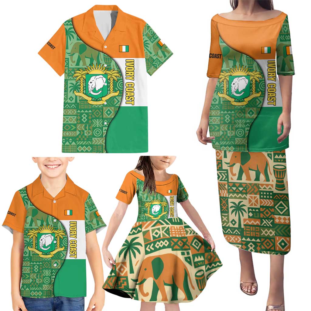 Ivory Coast Family Matching Puletasi and Hawaiian Shirt with Elephant Crest and Tribal Pattern Design - Wonder Print Shop