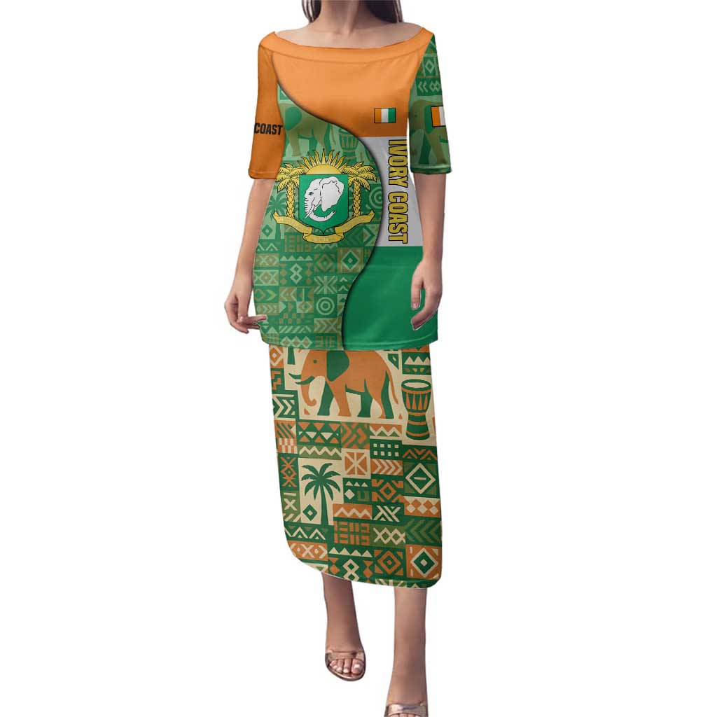 Ivory Coast Family Matching Puletasi and Hawaiian Shirt with Elephant Crest and Tribal Pattern Design - Wonder Print Shop