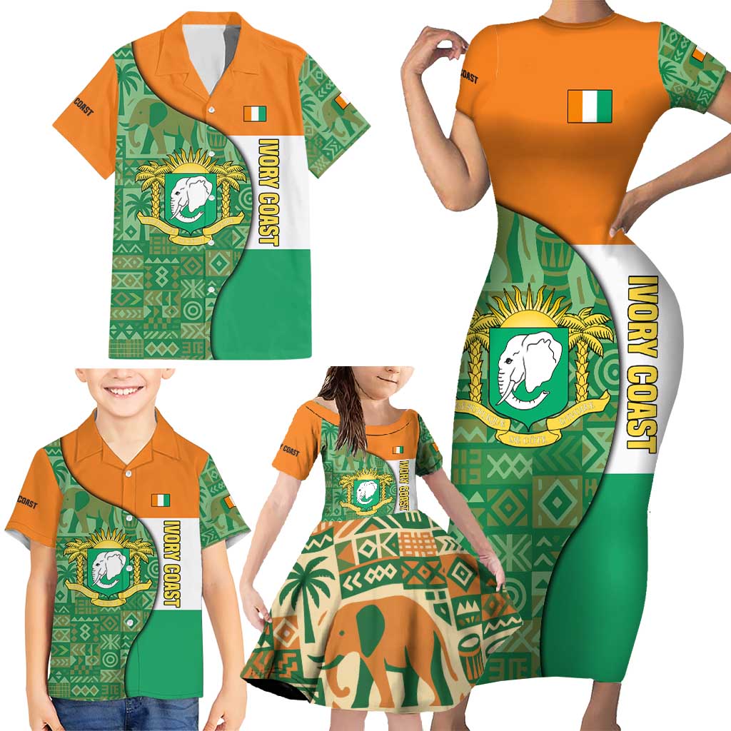 Ivory Coast Family Matching Short Sleeve Bodycon Dress and Hawaiian Shirt with Elephant Crest and Tribal Pattern Design - Wonder Print Shop