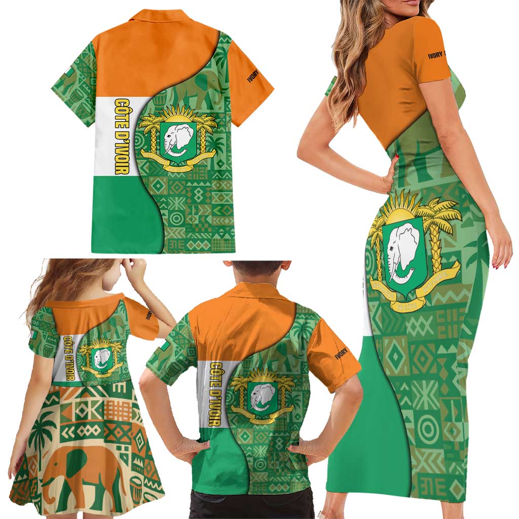 Ivory Coast Family Matching Short Sleeve Bodycon Dress and Hawaiian Shirt with Elephant Crest and Tribal Pattern Design - Wonder Print Shop