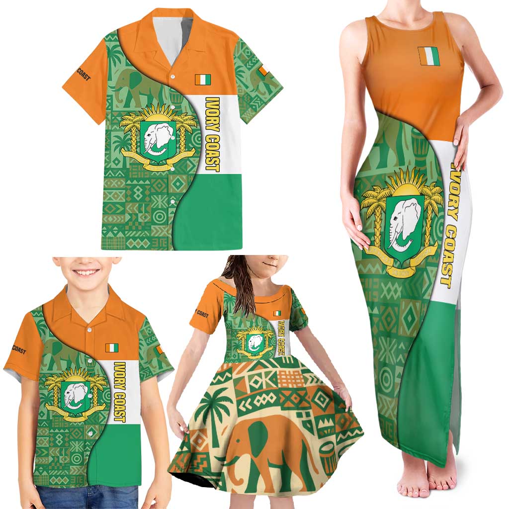 Ivory Coast Family Matching Tank Maxi Dress and Hawaiian Shirt with Elephant Crest and Tribal Pattern Design - Wonder Print Shop