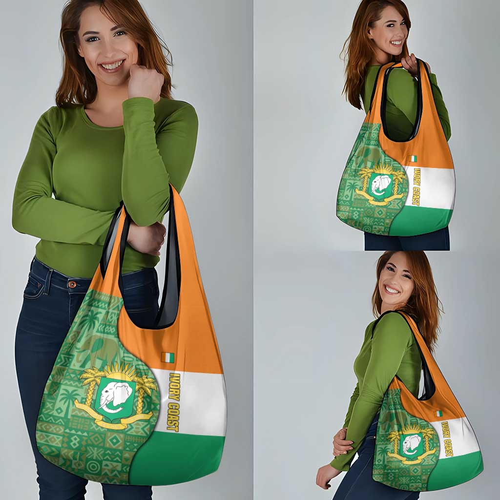 Ivory Coast Grocery Bag with Elephant Crest and Tribal Pattern Design - Wonder Print Shop