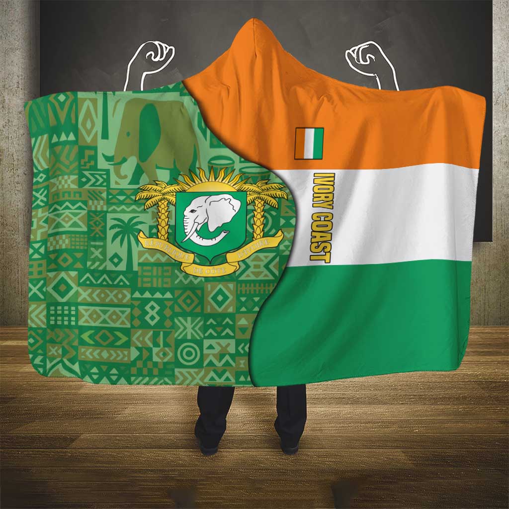 Ivory Coast Hooded Blanket with Elephant Crest and Tribal Pattern Design - Wonder Print Shop