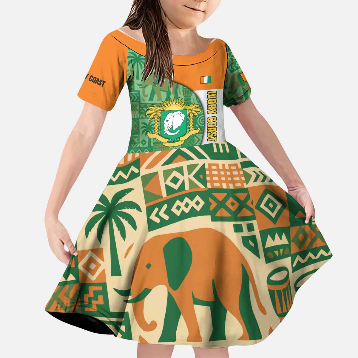 Ivory Coast Kid Short Sleeve Dress with Elephant Crest and Tribal Pattern Design - Wonder Print Shop