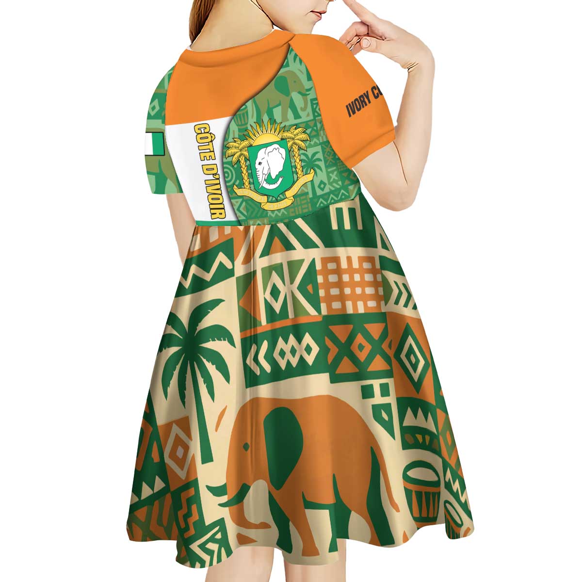 Ivory Coast Kid Short Sleeve Dress with Elephant Crest and Tribal Pattern Design - Wonder Print Shop