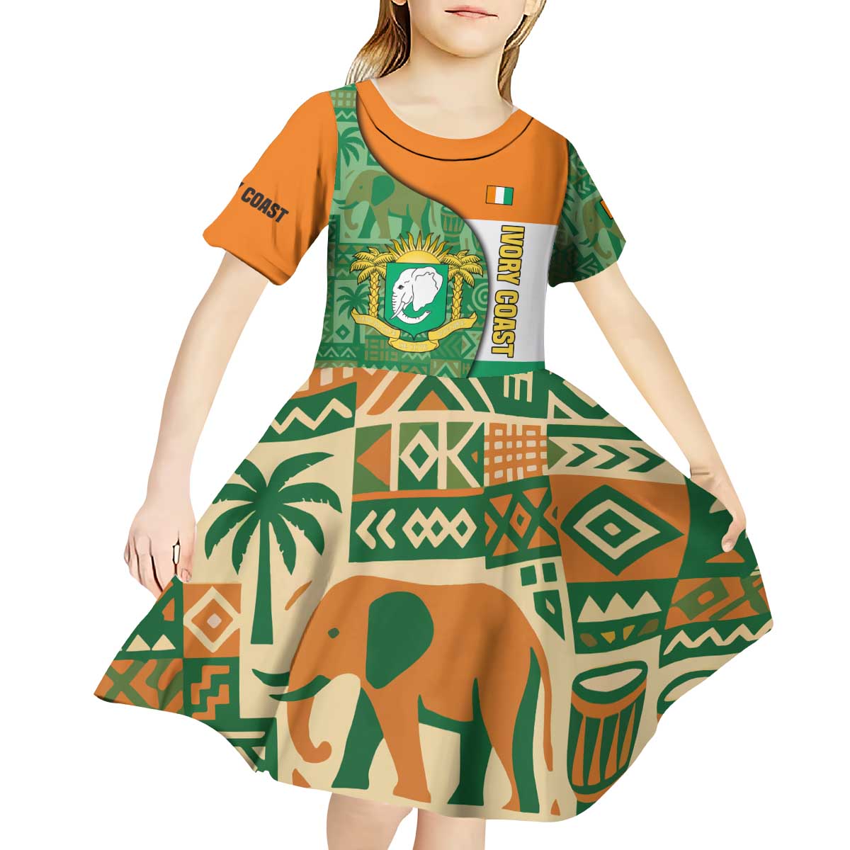 Ivory Coast Kid Short Sleeve Dress with Elephant Crest and Tribal Pattern Design - Wonder Print Shop