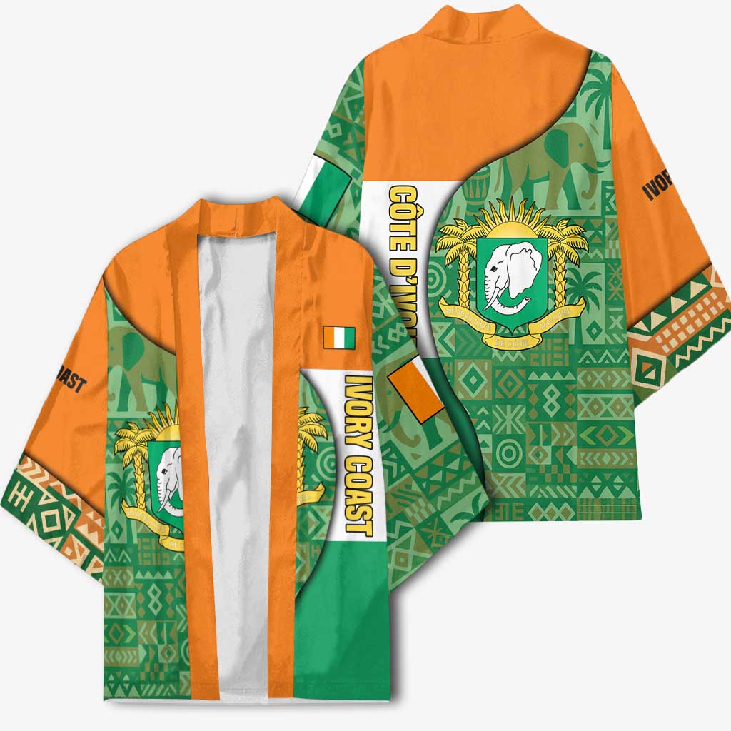 Ivory Coast Kimono with Elephant Crest and Tribal Pattern Design - Wonder Print Shop