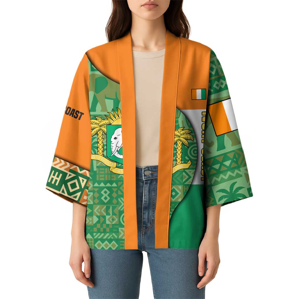 Ivory Coast Kimono with Elephant Crest and Tribal Pattern Design - Wonder Print Shop