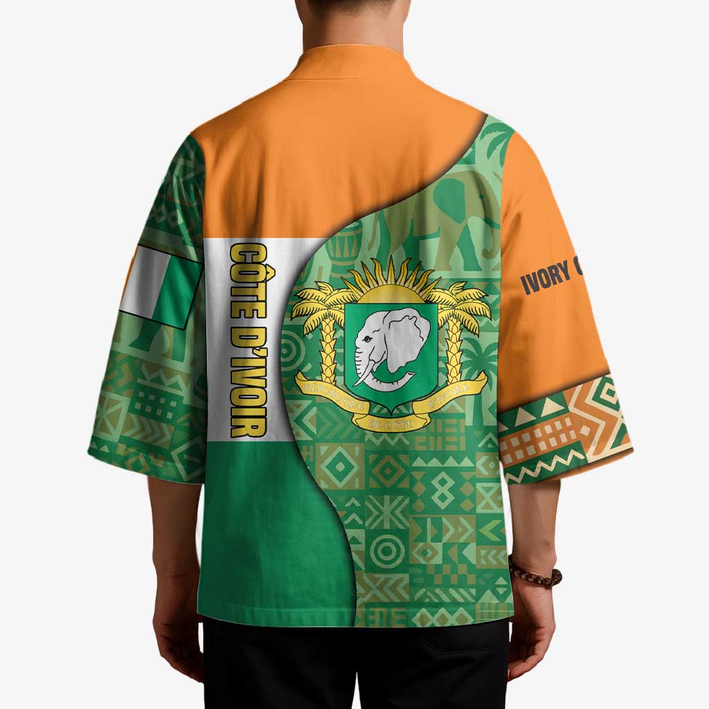 Ivory Coast Kimono with Elephant Crest and Tribal Pattern Design - Wonder Print Shop